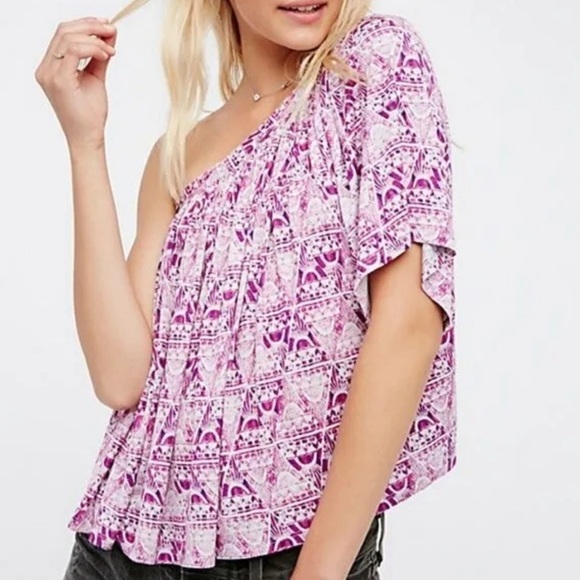 2/$30Free People Boho Top- one shoulder- sleeveless- pink and purple print - Picture 1 of 10